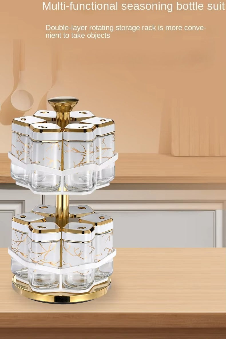 2 Layer Household Kitchen Spice Seasoning Rack Metal Rotating Storage Holder Convenient Seasoning 12 Glass Jars Organizer