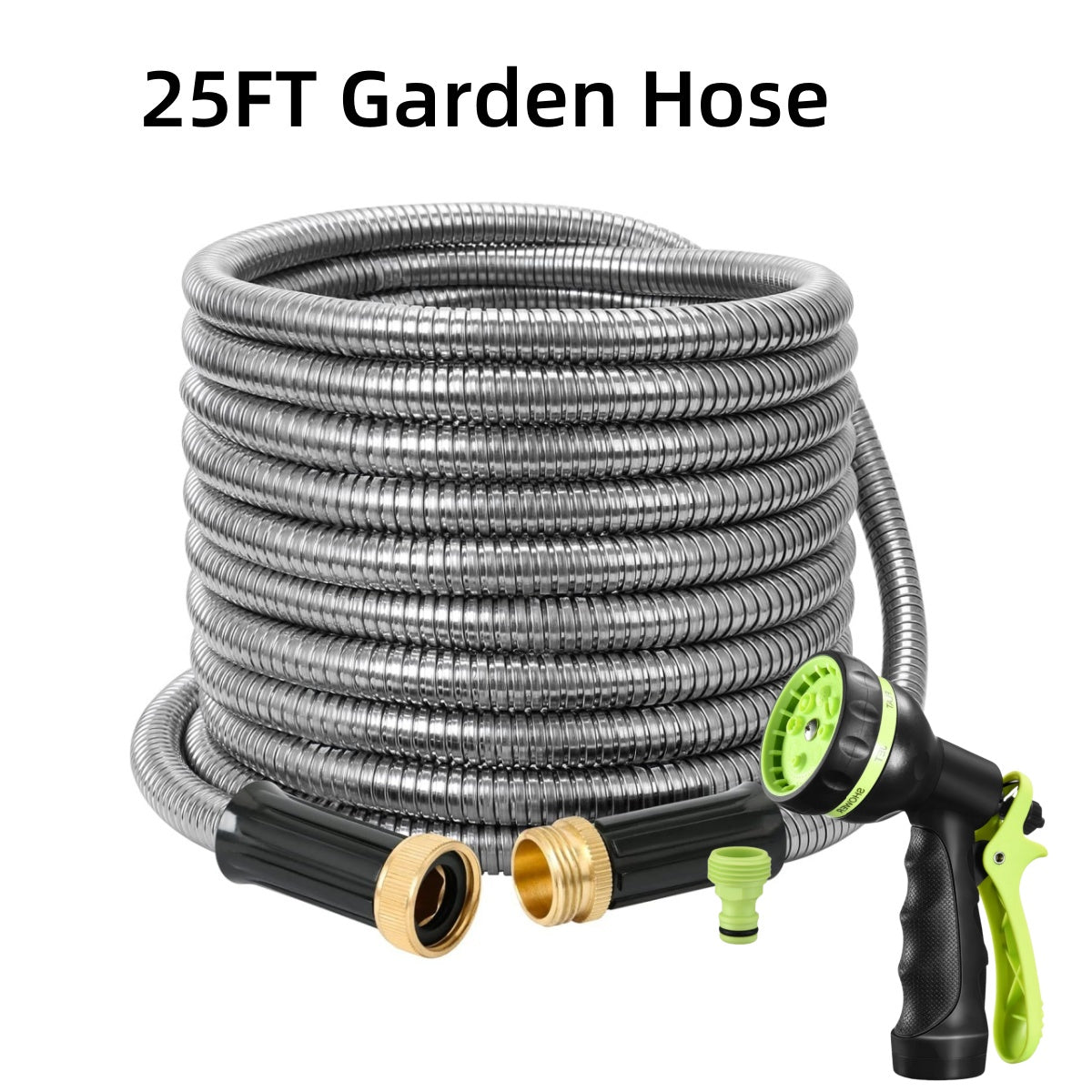 25FT/50FT/100FT Heavy Duty Stainless Steel Water Hose with 10 Functional Nozzles, No Kink, Lightweight and Flexible, Easy to Use and Store, Suitable for Yard and Lawn
