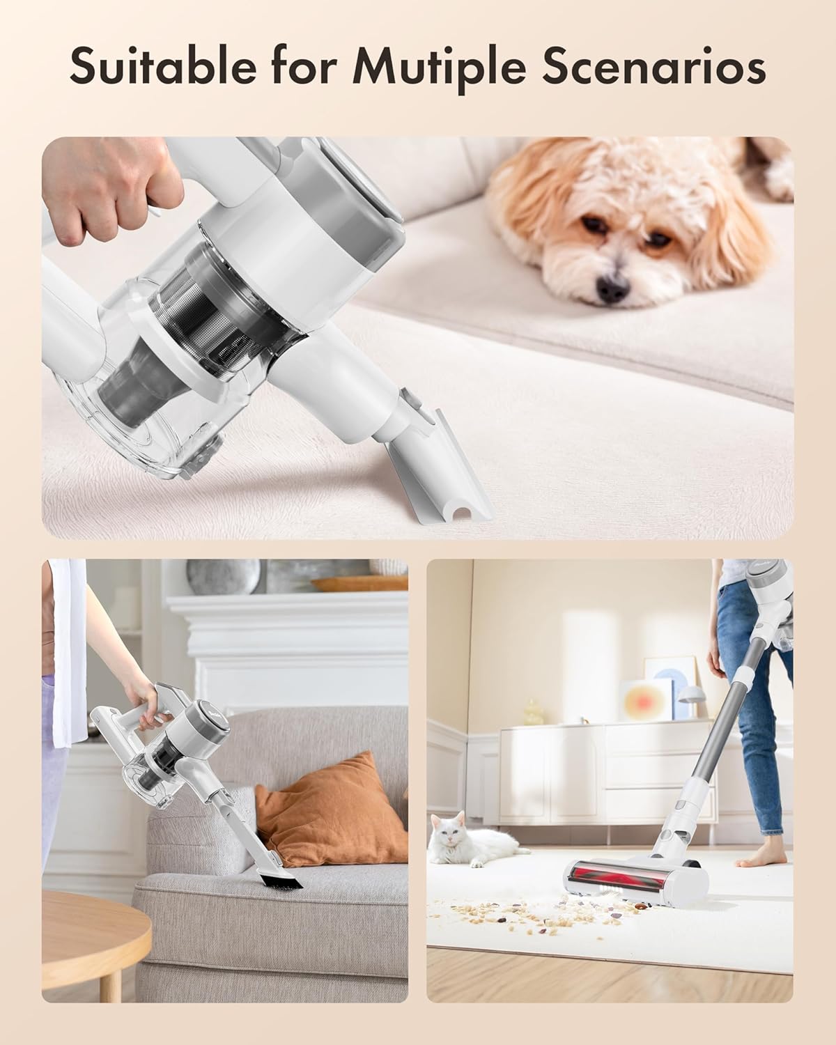 Cordless Vacuum Cleaner, 8-in-1 Lightweight Stick Vacuum with 45mins Runtime, Powerful Suction Cordless Vacuum for Carpet, Tile, Pet Hair, Hardwood Floors