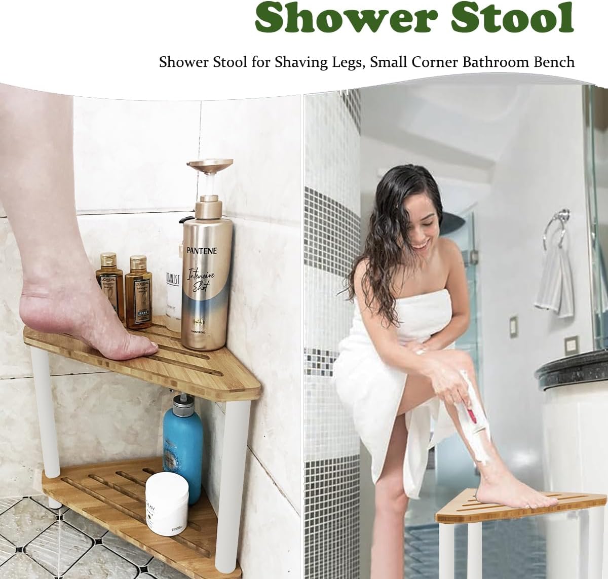 Bamboo Corner Shower Stool for Inside Shower Waterproof,Shower Bench for Shaving Legs,Shower Foot Rest with Storage Shelf,Shower Foot Stool for Small Spaces,Bath Seat