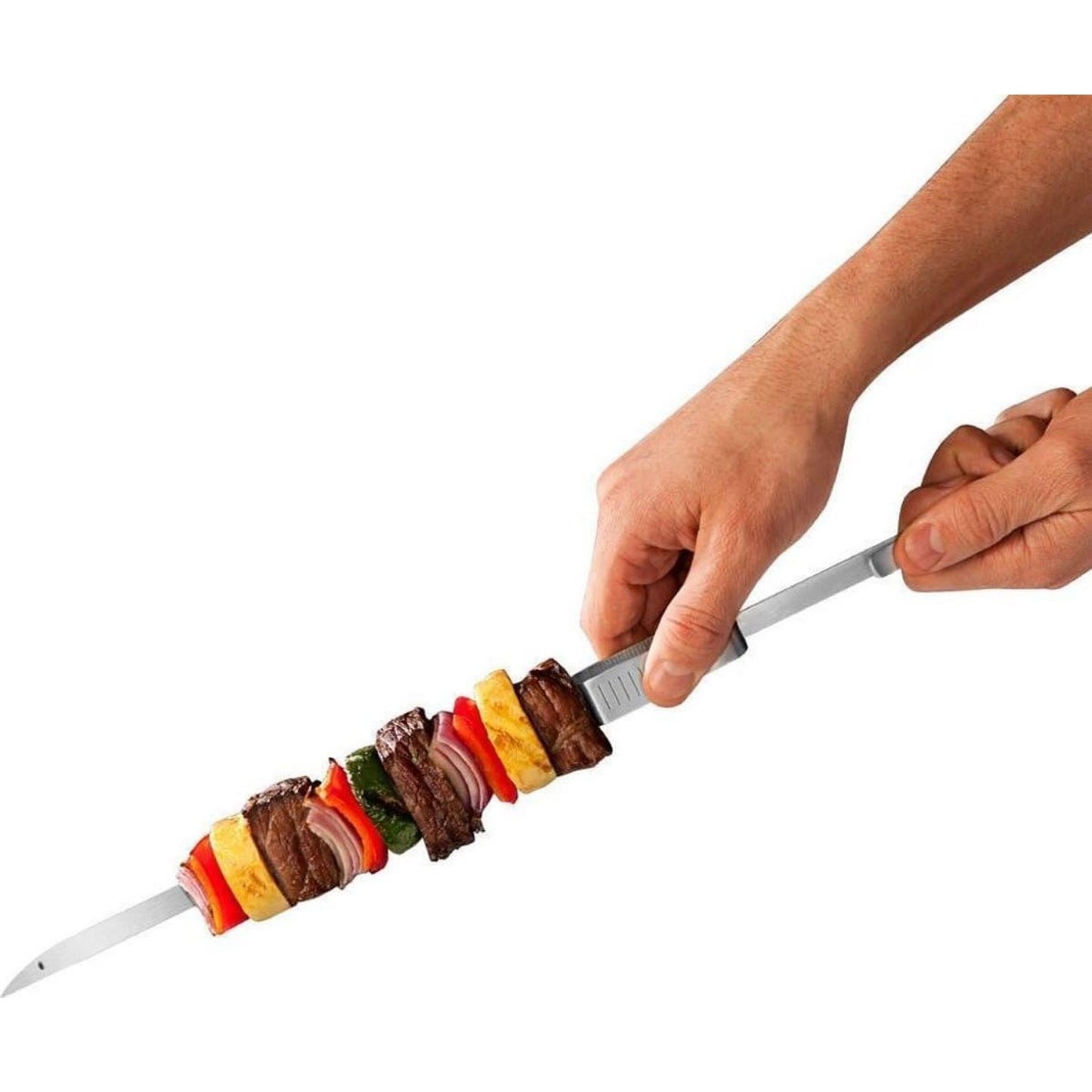 10pcs BBQ Skewers for Grilling - 17" Stainless Steel Flat Kebab Sticks with Push Bar, Reusable Metal Shish Kabob Skewers