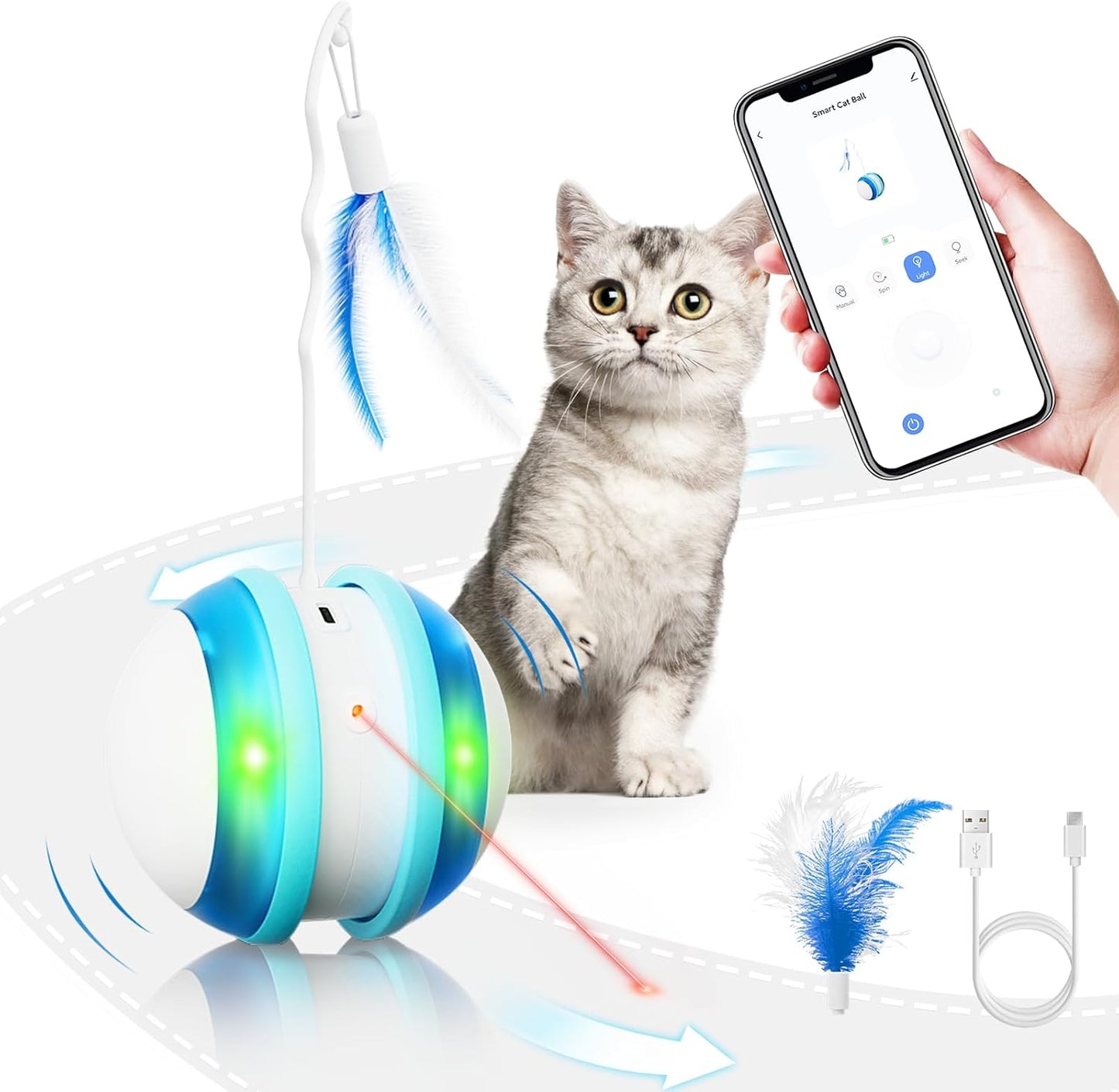 Smart Interactive Cat Toy with App Control, 3 Modes, Laser and Feather, USB Rechargeable, Fun and Interactive cat Toys