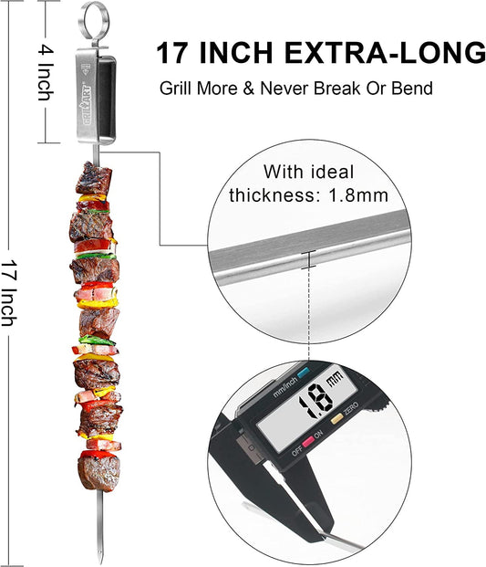 10pcs BBQ Skewers for Grilling - 17" Stainless Steel Flat Kebab Sticks with Push Bar, Reusable Metal Shish Kabob Skewers