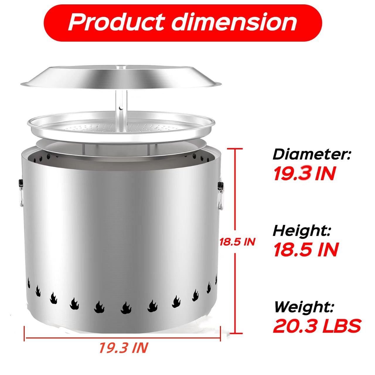 19.3 Inch Smokeless Fire Pit with Removable Ash Pan - Portable Outdoor Fire Pit - Stainless Steel Wood Burning Fireplace, Ideal for 4-6 People