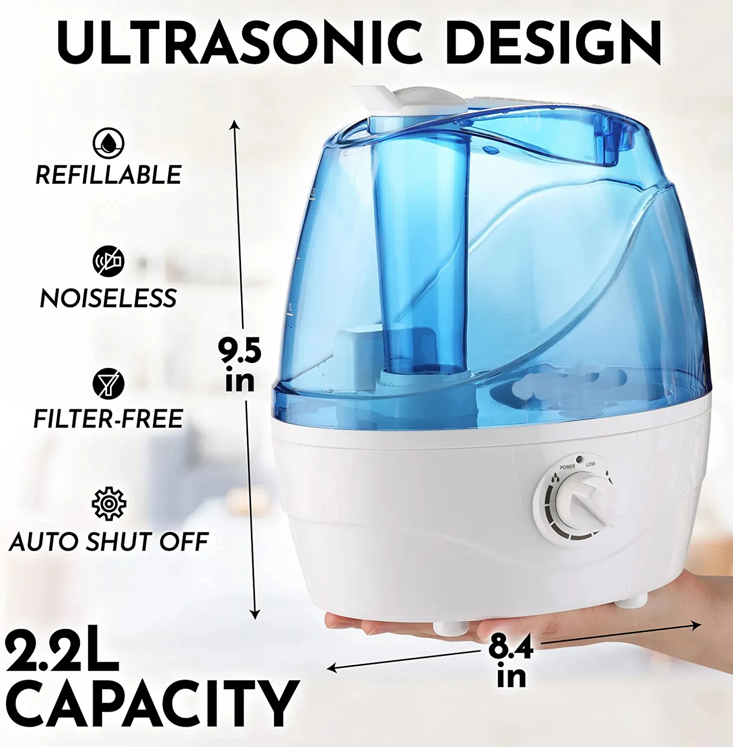 2.2L humidifier, 28dB Whisper-Quiet Cool Mist Humidifier with Auto Shut-off, Smart Sensor, up to 24 hours, Air Humidifier for bedroom Sleeping, Home Office