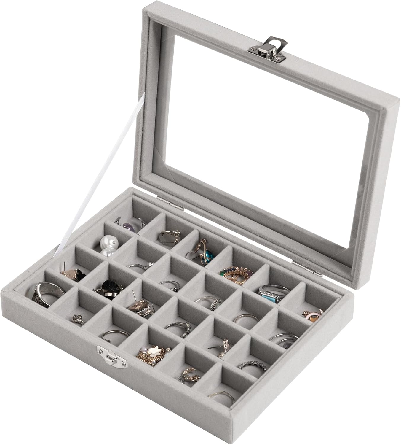 12/24-Slot Jewelry Organizer Tray with Clear Lid - Velvet Lined Ring Earring Necklace Storage Box - Travel Jewelry Case for Dresser, Countertop