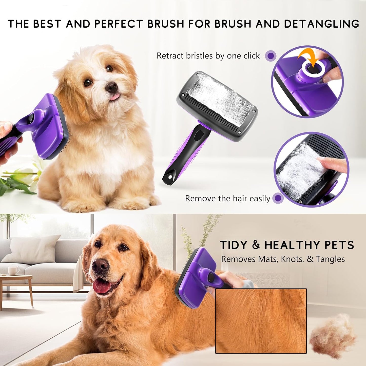 Self Cleaning Slicker Brush for Dogs and Cats - Pet Hair Brush for Shedding Long and Short Hair - Cat and Dog Grooming Tool