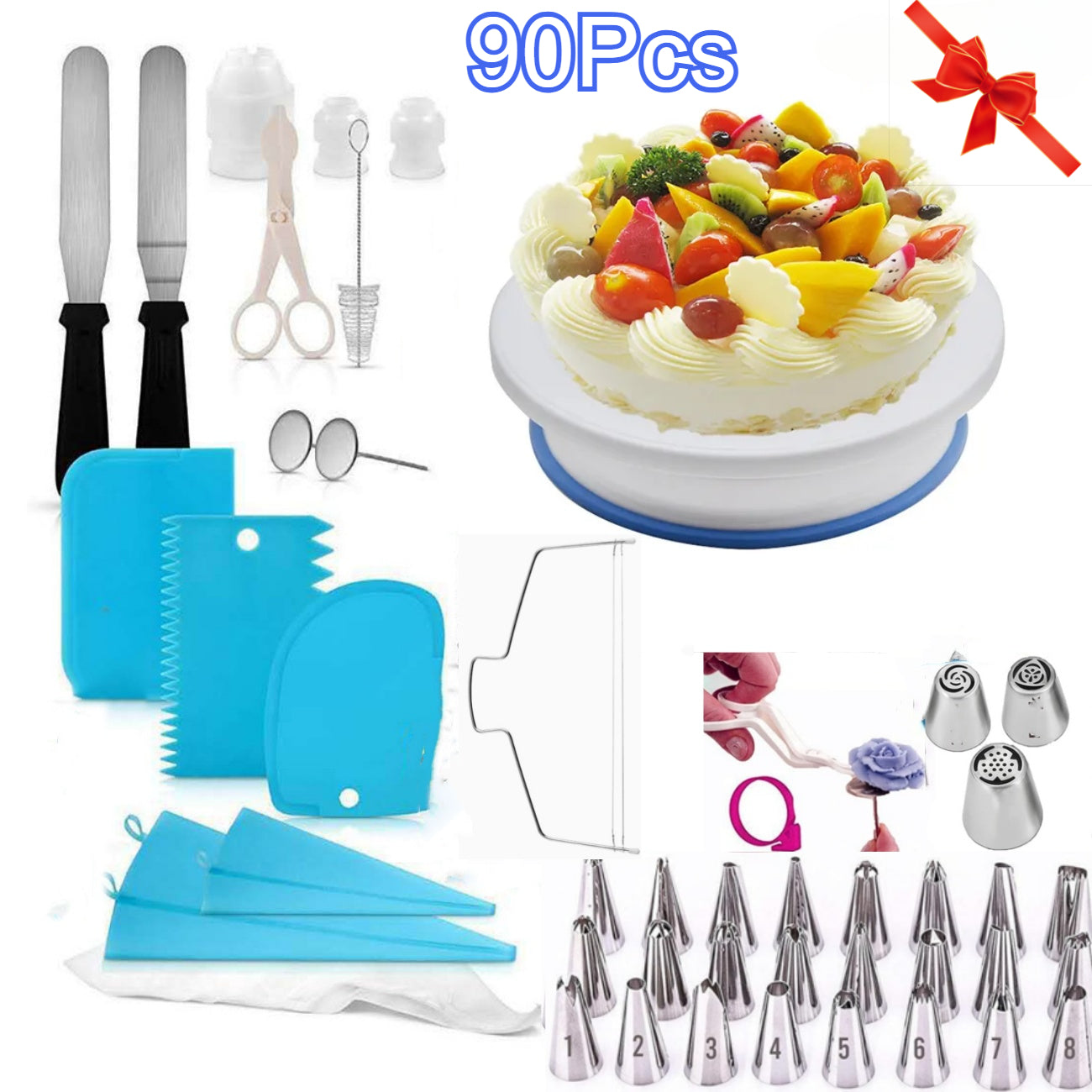 90-Piece Cake Decorating Kit for Beginners – Includes Turntable, 24 Numbered Icing Tips, Russian Piping Nozzles, Cake Leveler, Spatulas & E-Book – Professional Baking Tools