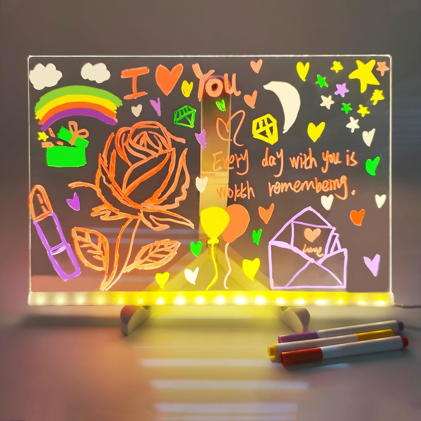 Acrylic Dry Erase Board with Light, Led Note Board with Colors Pen and Adjustable Stand, Use for Room/Store/Office/Festival/Gift