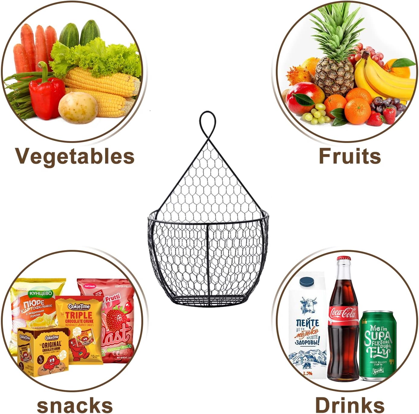 3 Pack Metal Fruit And Vegetable Storage Hanging Basket Wall Mounted, For Kitchen Black Wire Baskets for Flowers, Fruits and Veggies