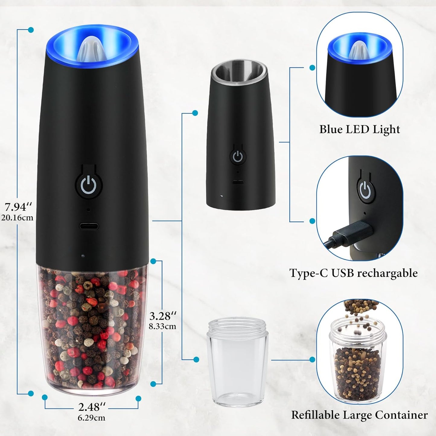 Gravity Electric Salt and Pepper Grinder Set Automatic Salt and Pepper Grinder Set, Adjustable Coarseness, Large Capacity, for Home Kitchen BBQ