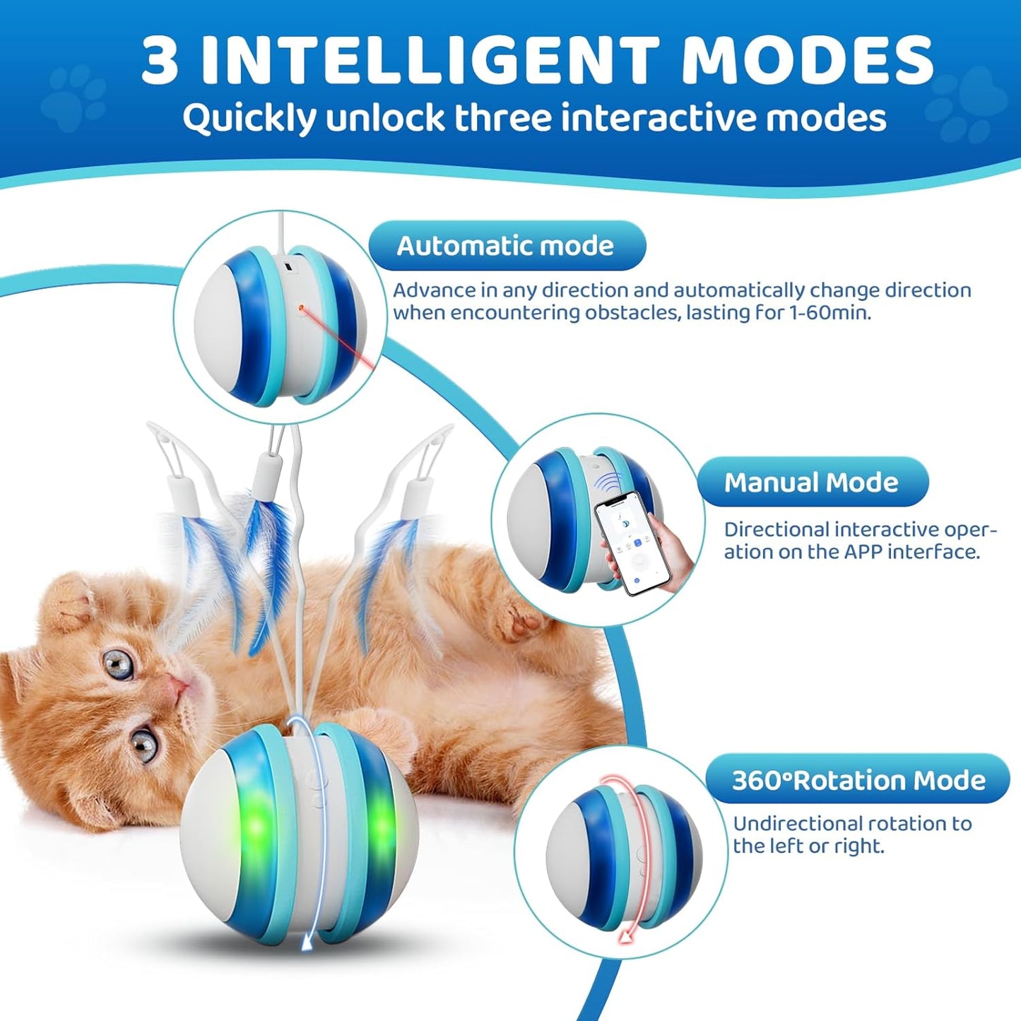 Smart Interactive Cat Toy with App Control, 3 Modes, Laser and Feather, USB Rechargeable, Fun and Interactive cat Toys