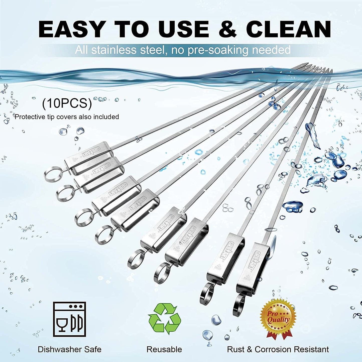 10pcs BBQ Skewers for Grilling - 17" Stainless Steel Flat Kebab Sticks with Push Bar, Reusable Metal Shish Kabob Skewers
