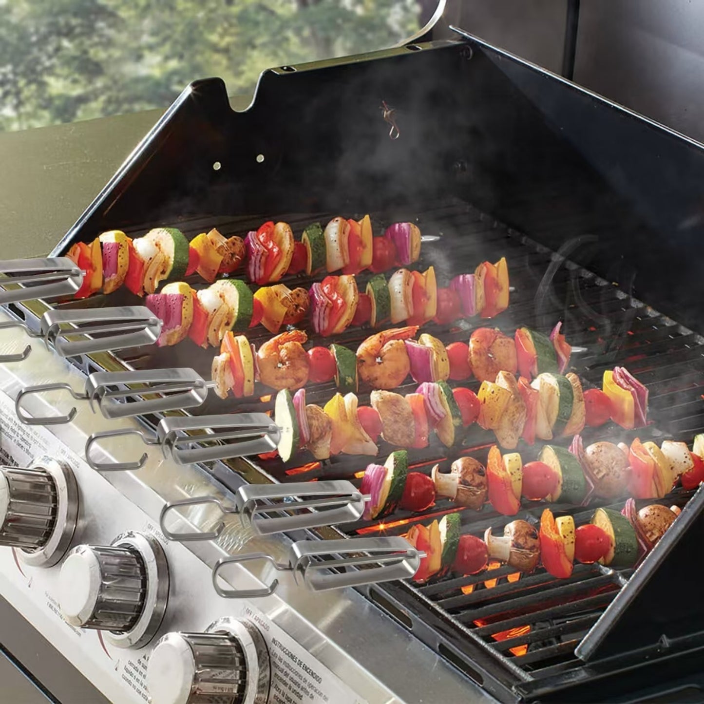 10pcs BBQ Skewers for Grilling - 17" Stainless Steel Flat Kebab Sticks with Push Bar, Reusable Metal Shish Kabob Skewers