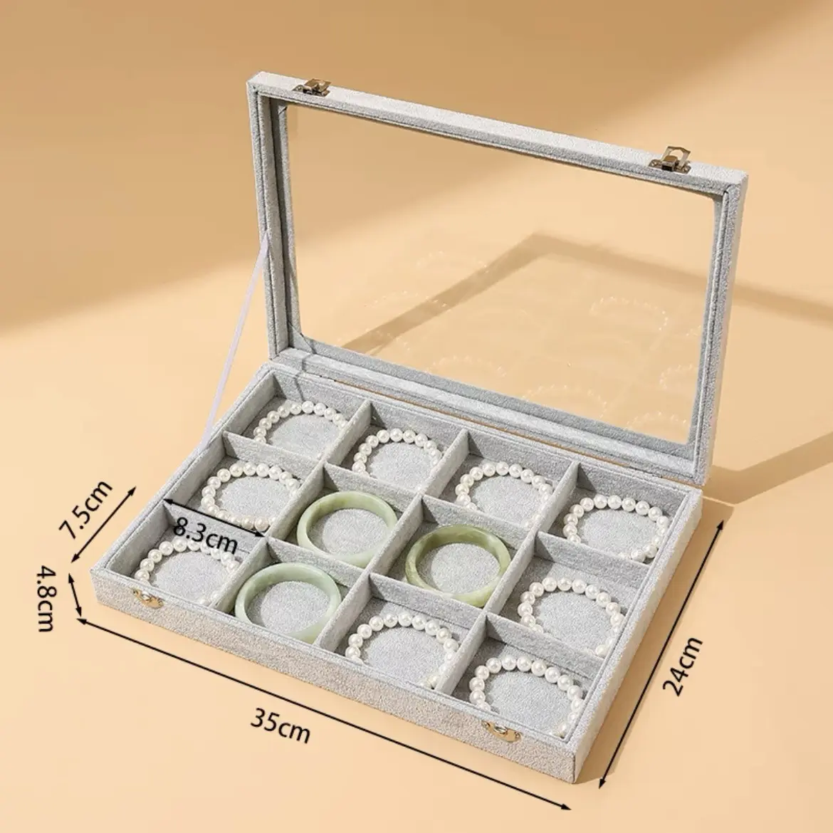 12/24-Slot Jewelry Organizer Tray with Clear Lid - Velvet Lined Ring Earring Necklace Storage Box - Travel Jewelry Case for Dresser, Countertop
