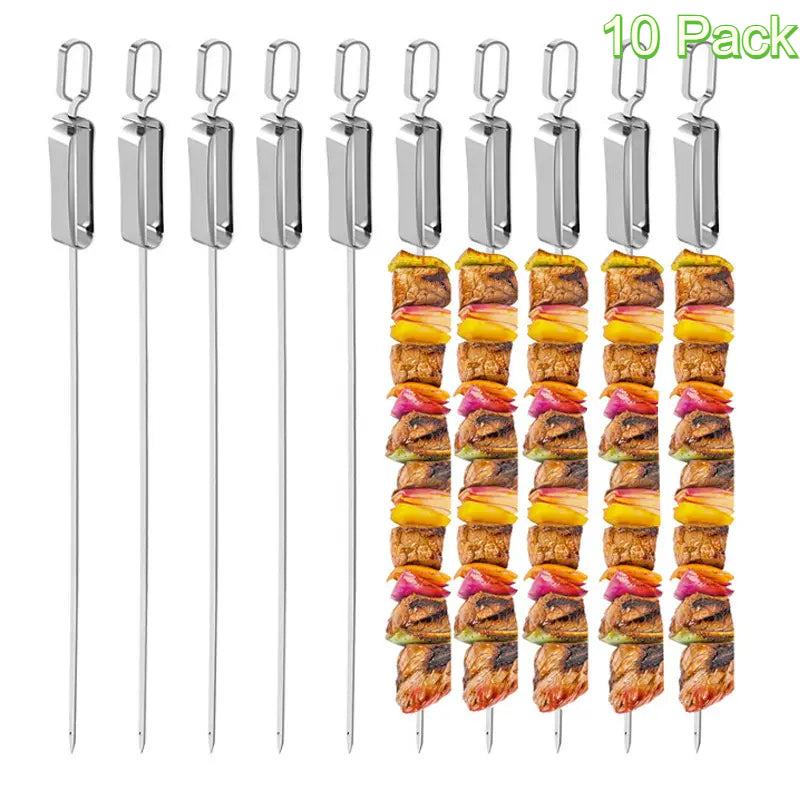 10pcs BBQ Skewers for Grilling - 17" Stainless Steel Flat Kebab Sticks with Push Bar, Reusable Metal Shish Kabob Skewers
