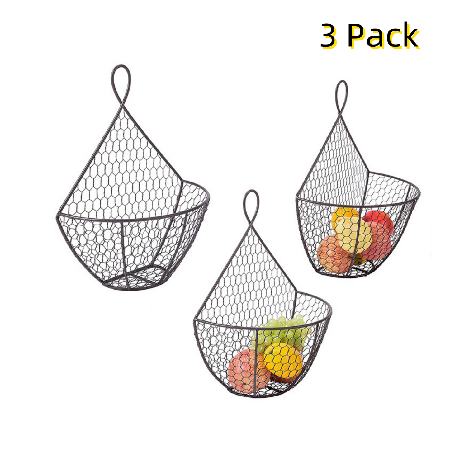 3 Pack Metal Fruit And Vegetable Storage Hanging Basket Wall Mounted, For Kitchen Black Wire Baskets for Flowers, Fruits and Veggies