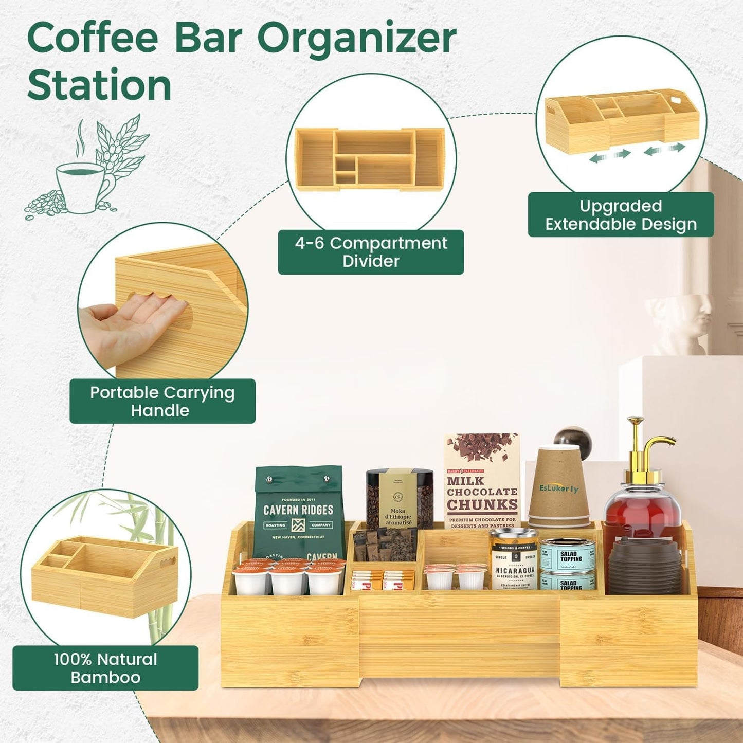 Coffee K Cup Pods Holder with Handle,Bamboo Coffee Tea Bar Accessories Storage Basket,Coffee Station Organizer for Countertop