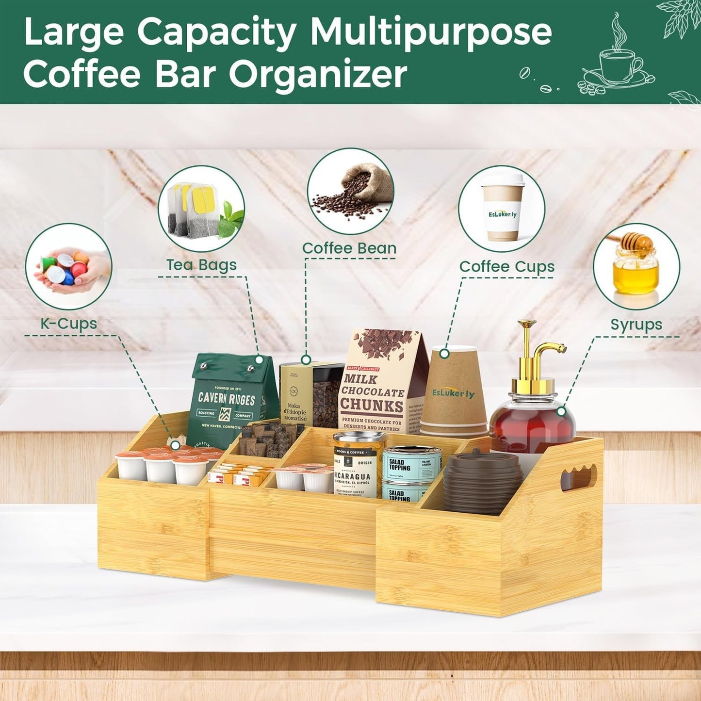 Coffee K Cup Pods Holder with Handle,Bamboo Coffee Tea Bar Accessories Storage Basket,Coffee Station Organizer for Countertop
