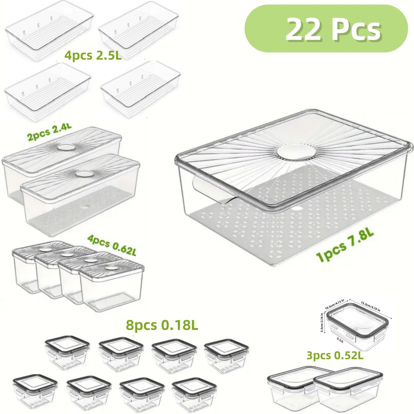 Set of 22Pcs Clear Food Pan Multi Size Storage Bins Square Food Storage Containers for Fruits Vegetable Food Kitchen Restaurant Food Prep