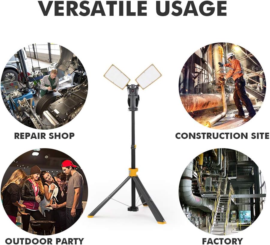 36W Dual-Head LED Work Light with Adjustable Tripod Stand - Rotating Spot Light for Construction, Job Site, Garage & Workshop