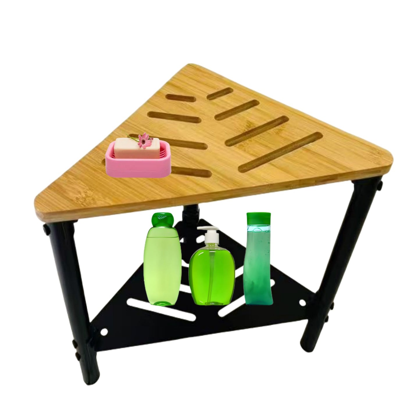 Bamboo Corner Shower Stool for Inside Shower Waterproof,Shower Bench for Shaving Legs,Shower Foot Rest with Storage Shelf,Shower Foot Stool for Small Spaces,Bath Seat