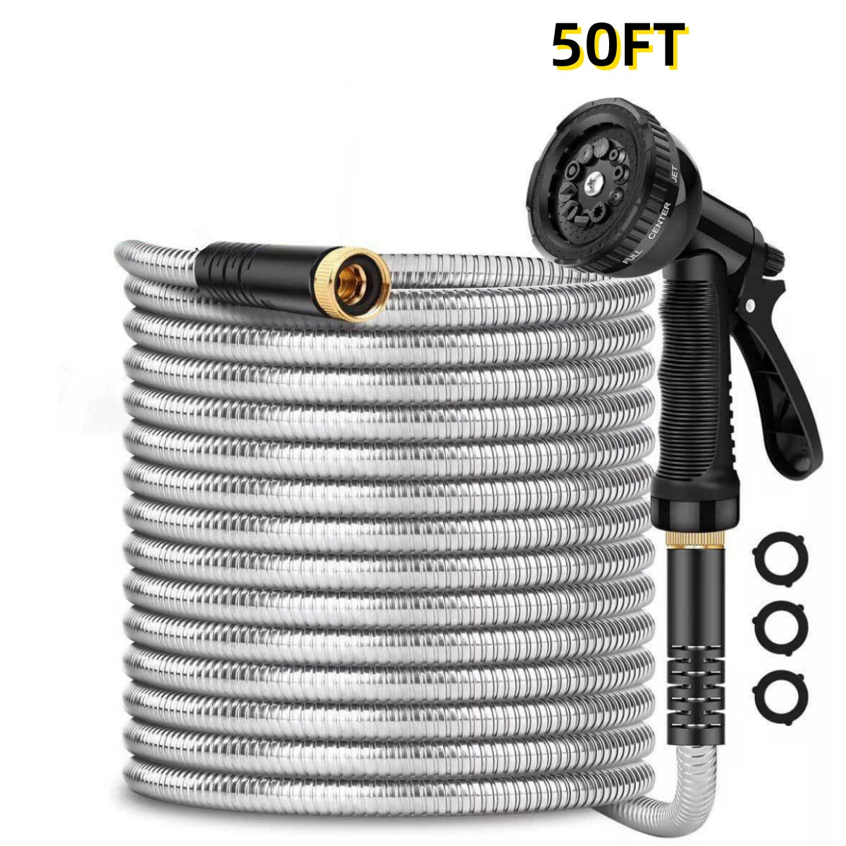 25FT/50FT/100FT Heavy Duty Stainless Steel Water Hose with 10 Functional Nozzles, No Kink, Lightweight and Flexible, Easy to Use and Store, Suitable for Yard and Lawn