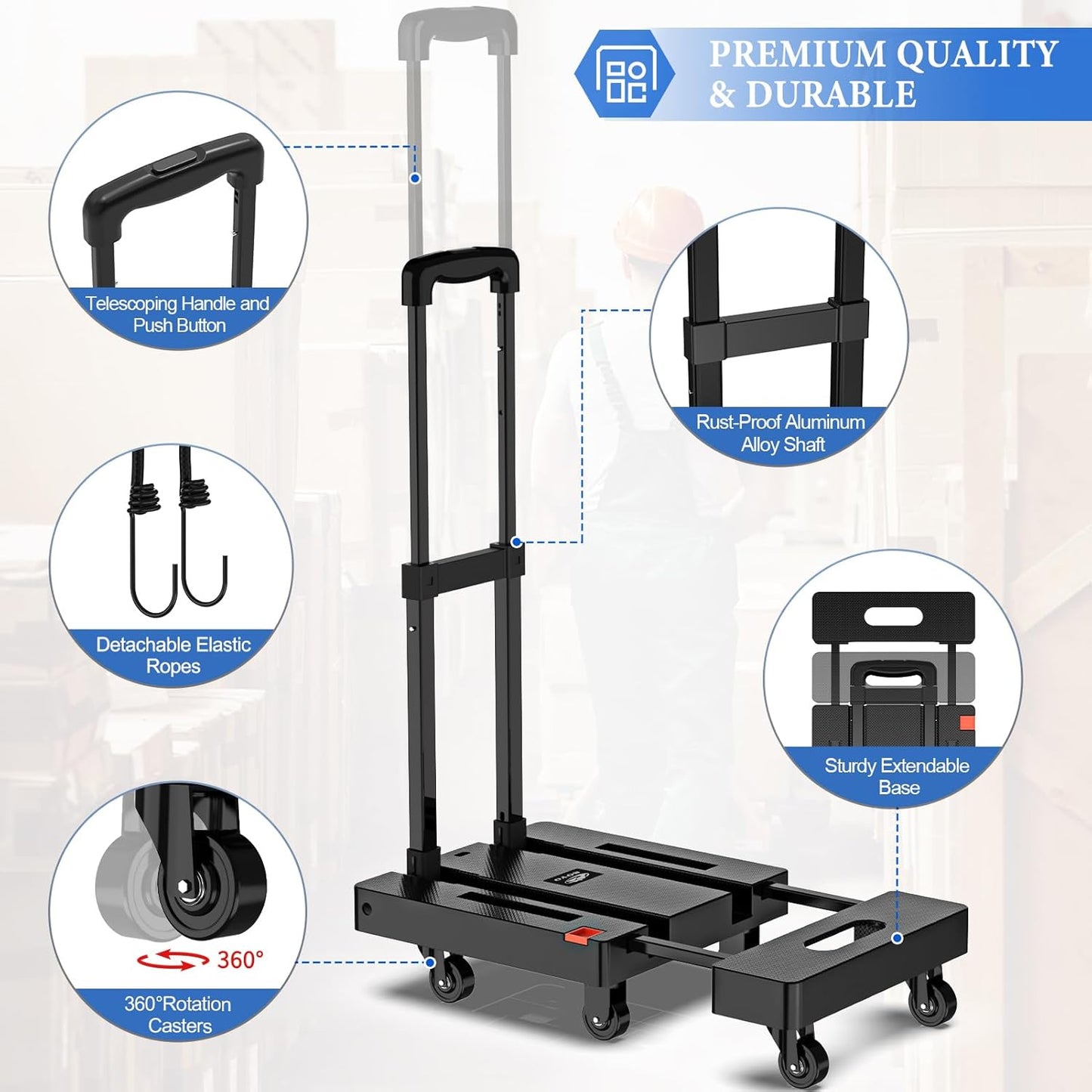 Folding Hand Truck Portable Dolly Cart with Wheels and 2 Elastic Straps Portable Luggage Cart for Moving, Travel, Shopping, Office & Home Use