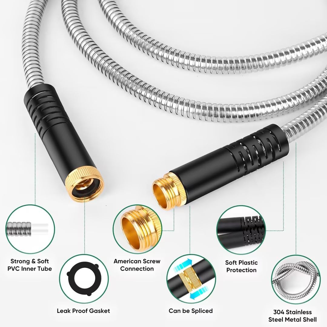 25FT/50FT/100FT Heavy Duty Stainless Steel Water Hose with 10 Functional Nozzles, No Kink, Lightweight and Flexible, Easy to Use and Store, Suitable for Yard and Lawn
