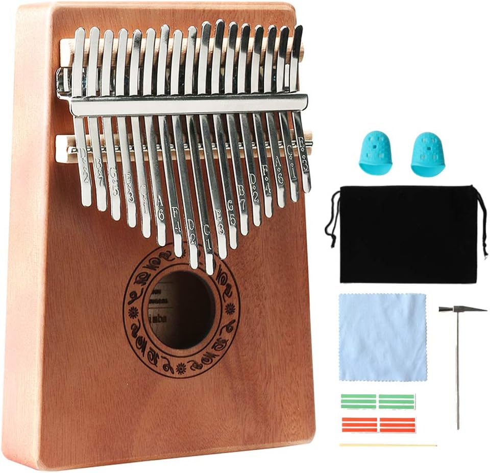17 Keys Portable Mbira Finger Piano Music Instrument Gifts for Kids and Adults Beginners Thumb Pianos with Tuning Hammer, Finger Covers