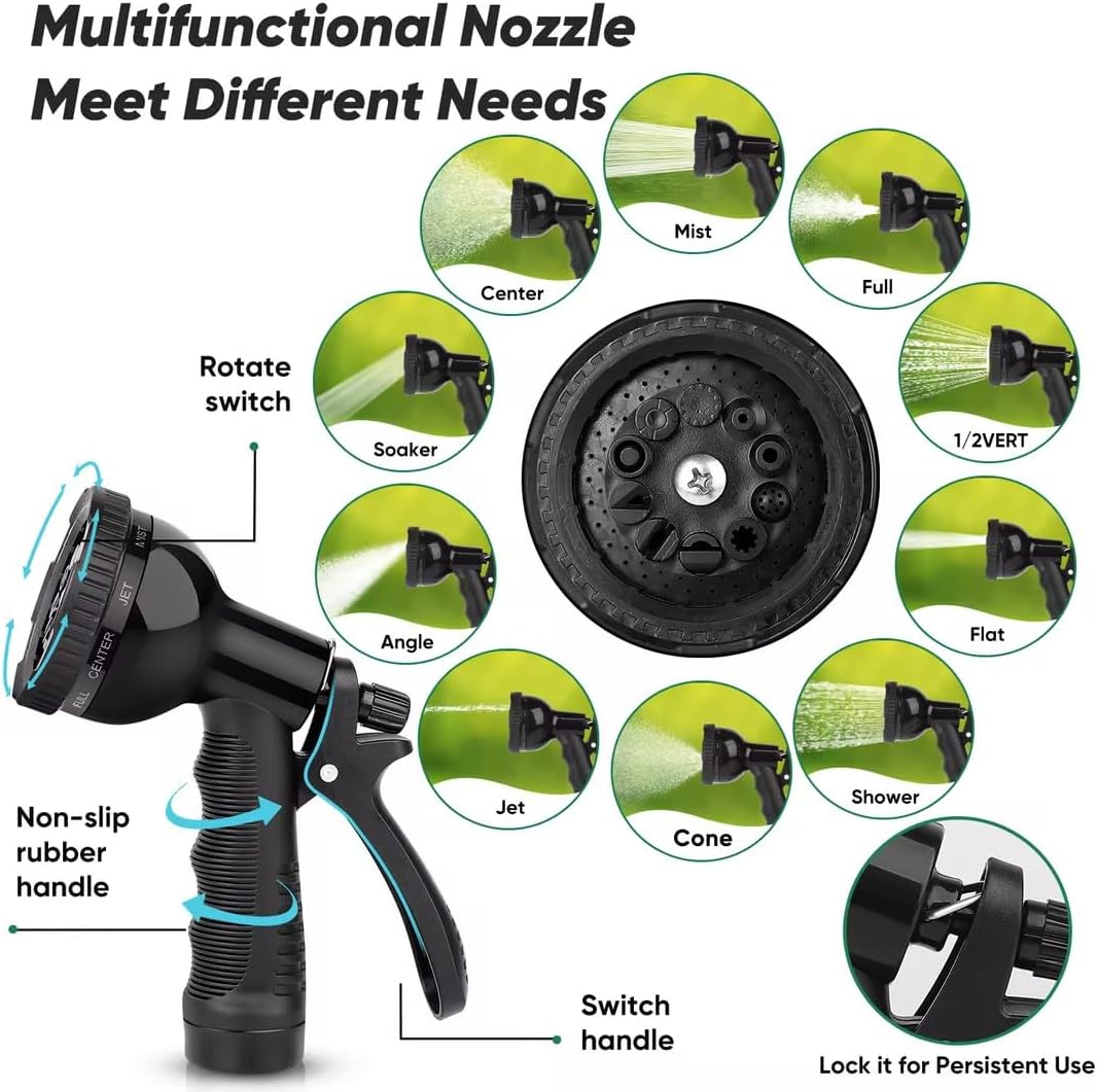 25FT/50FT/100FT Heavy Duty Stainless Steel Water Hose with 10 Functional Nozzles, No Kink, Lightweight and Flexible, Easy to Use and Store, Suitable for Yard and Lawn
