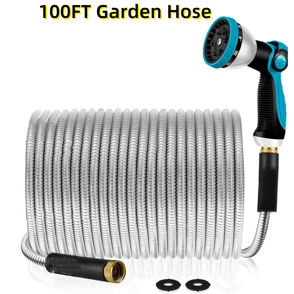 25FT/50FT/100FT Heavy Duty Stainless Steel Water Hose with 10 Functional Nozzles, No Kink, Lightweight and Flexible, Easy to Use and Store, Suitable for Yard and Lawn