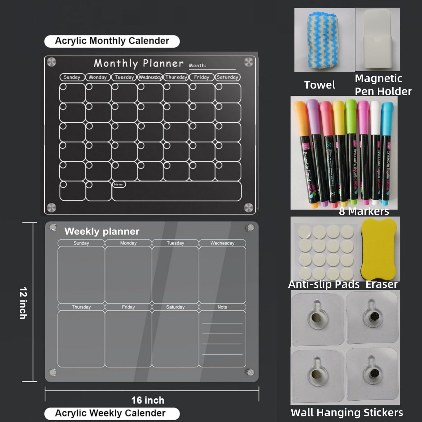 Acrylic Magnetic Calendar for Fridge 2 Pack, Dry Erase Calendar Weekly Planner/Monthly Calendar for Refrigerator