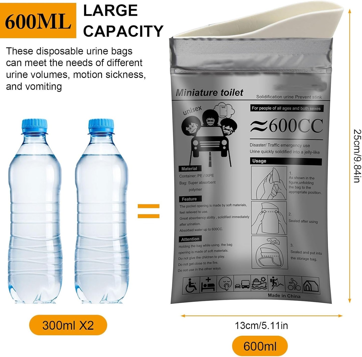 4Pcs Disposable Urine Bags Camping Pee Bags for Men Women, Disposable Urinals Vomit Bags for Travel Urinal Toilet Traffic Jam Emergency Portable Toilet