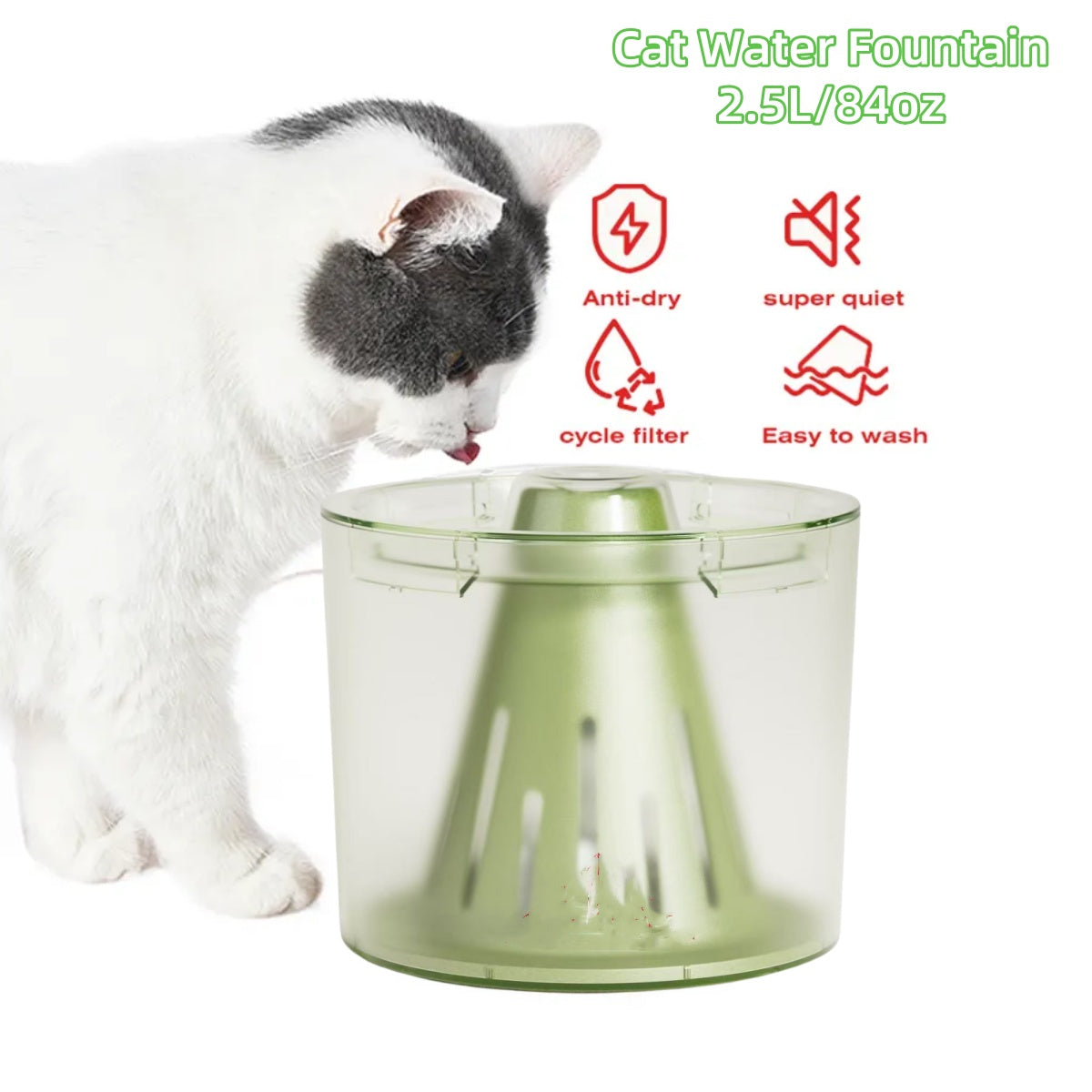 84oz/2.5L Cat Water Fountain with Fully Detachable Design  Pet Water Dispenser with Volcano Rock, Ultra-Quiet Pump