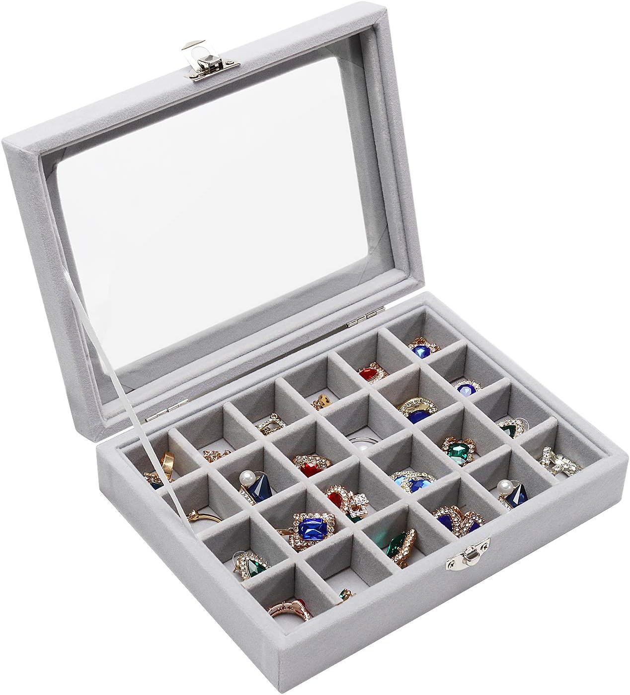 12/24-Slot Jewelry Organizer Tray with Clear Lid - Velvet Lined Ring Earring Necklace Storage Box - Travel Jewelry Case for Dresser, Countertop
