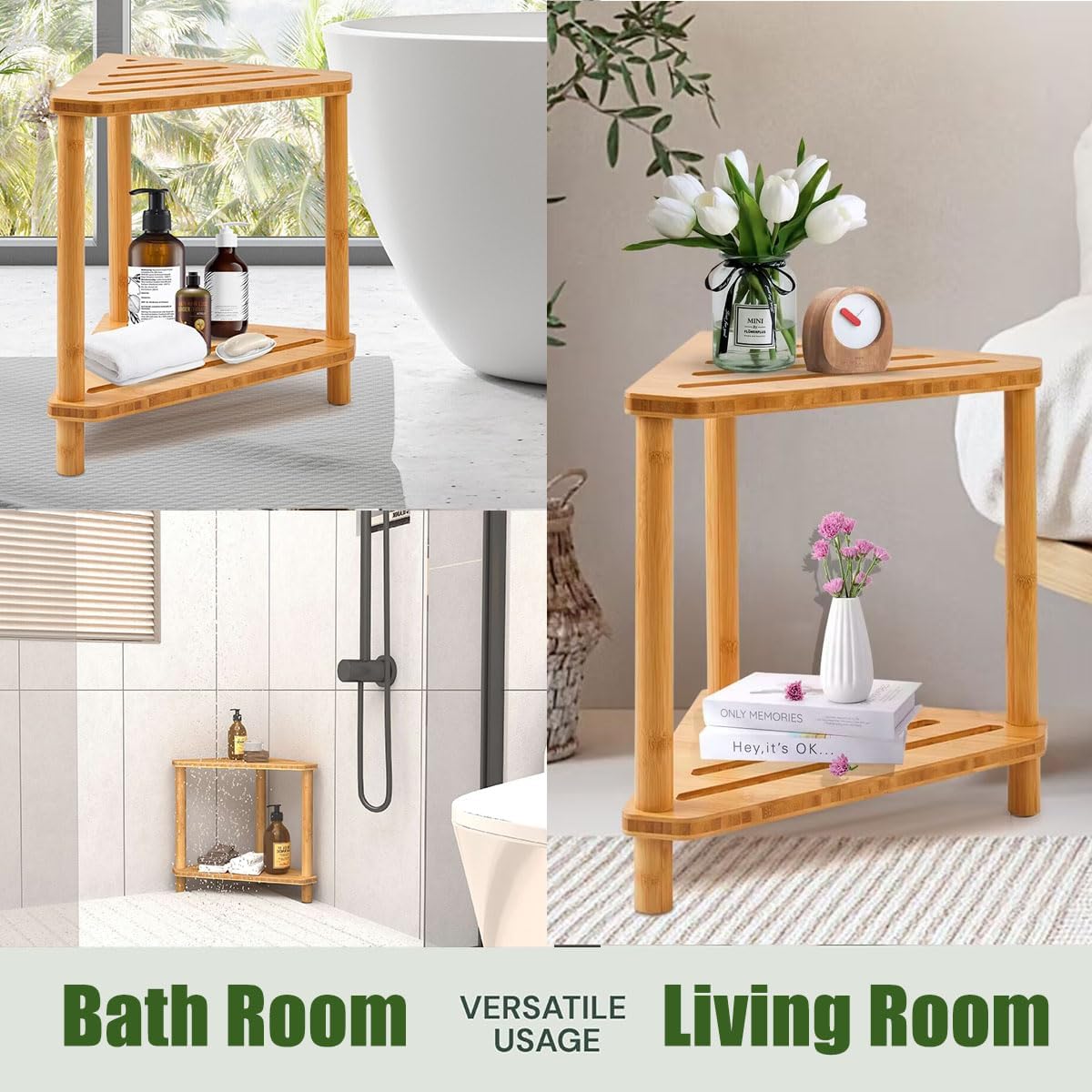 Bamboo Corner Shower Stool for Inside Shower Waterproof,Shower Bench for Shaving Legs,Shower Foot Rest with Storage Shelf,Shower Foot Stool for Small Spaces,Bath Seat