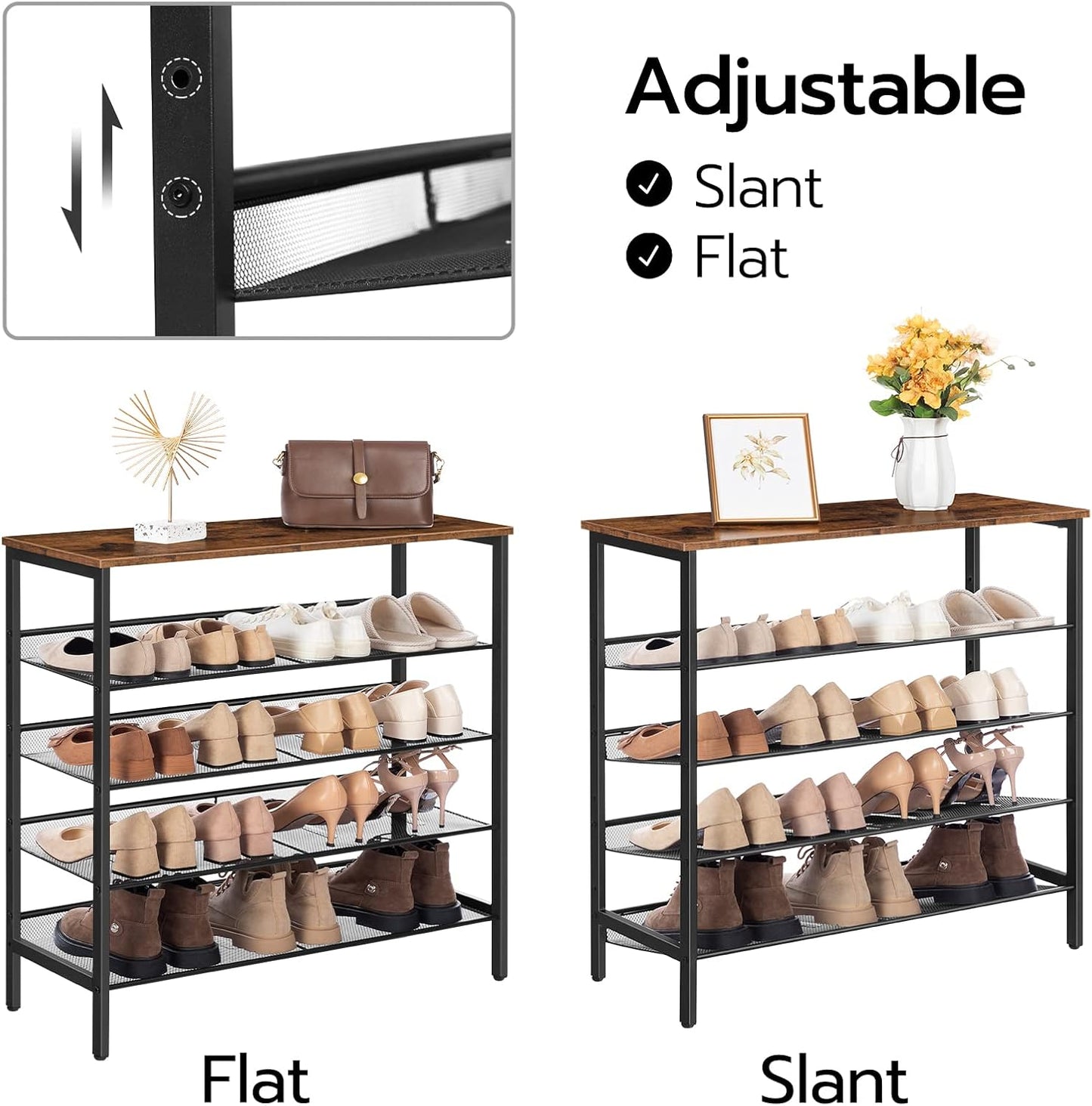 5-Tier Shoe Storage Unit Flat & Slant Adjustable Shoe Organizer Shelf for 16 Pairs, Durable and Stable, for Entryway, Hallway, Closet, Dorm Room, Industrial