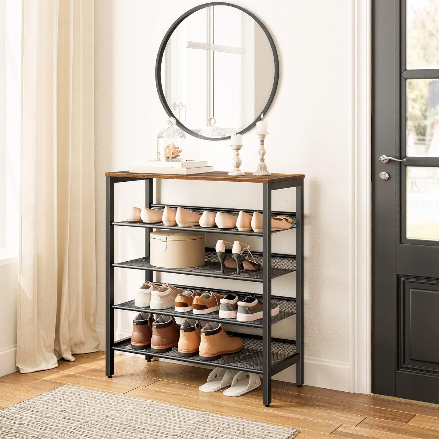 5-Tier Shoe Storage Unit Flat & Slant Adjustable Shoe Organizer Shelf for 16 Pairs, Durable and Stable, for Entryway, Hallway, Closet, Dorm Room, Industrial