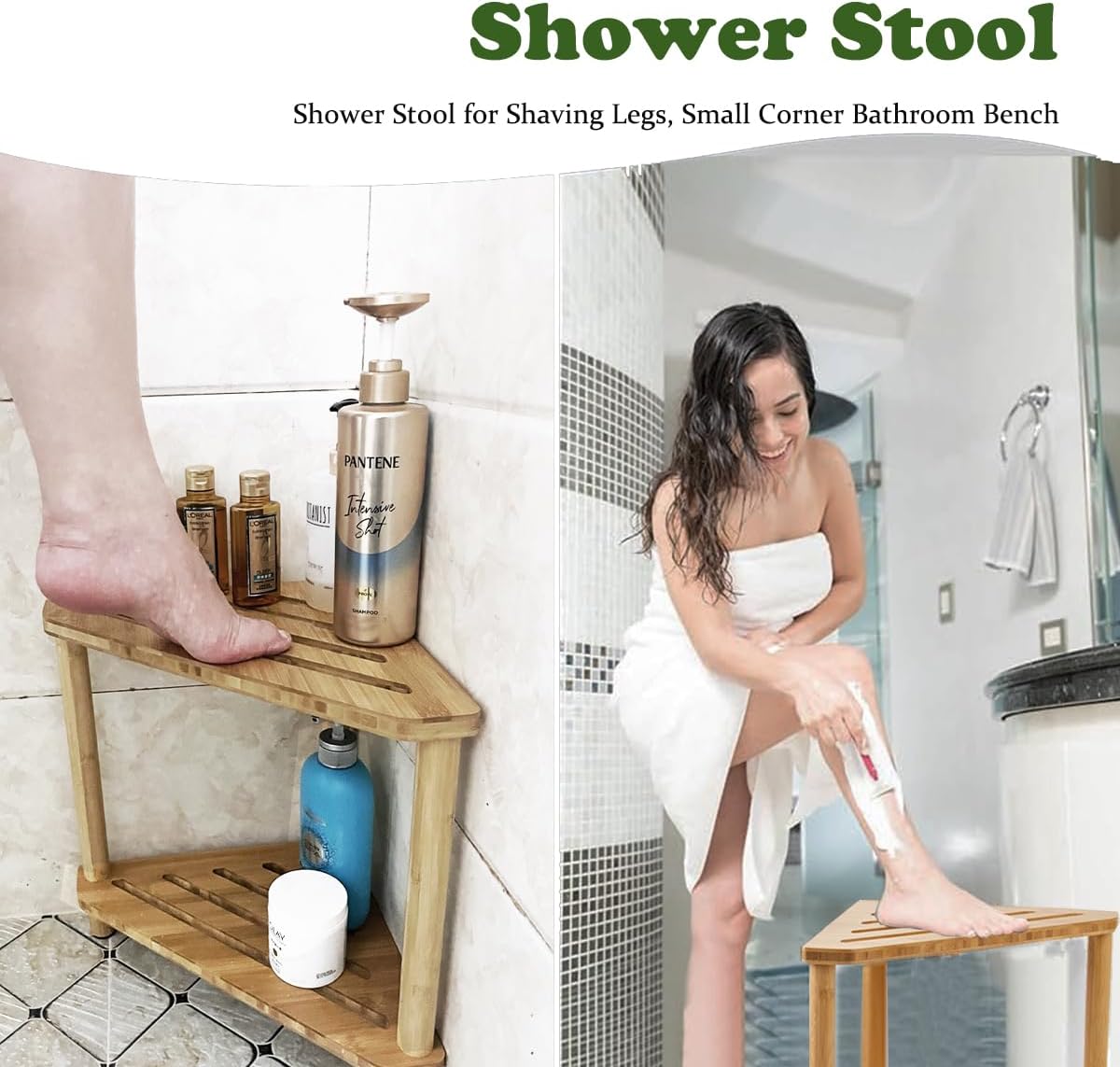 Bamboo Corner Shower Stool for Inside Shower Waterproof,Shower Bench for Shaving Legs,Shower Foot Rest with Storage Shelf,Shower Foot Stool for Small Spaces,Bath Seat