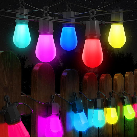 48FT Color Changing Outdoor String Lights - Dimmable Waterproof LED Patio Lights with Remote, 16 Shatterproof Bulbs for Christmas, Halloween, Party, Backyard & Garden Decor