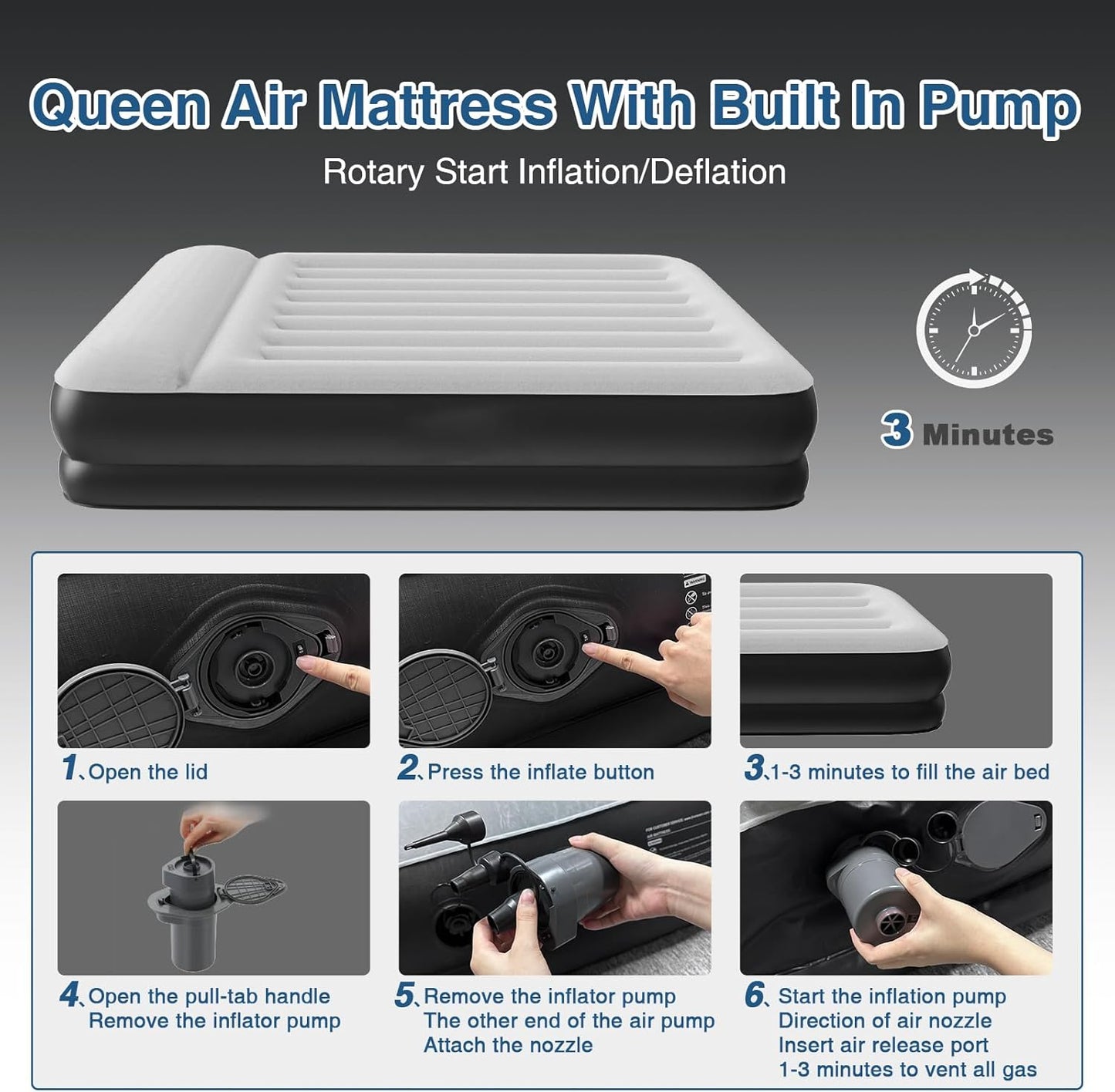 Queen Air Mattress with Built in Removable Pump, 16" High Blow Up Mattress Air Bed with Carrying Bag, Inflatable Mattress Fast & Easy Inflate/Deflate