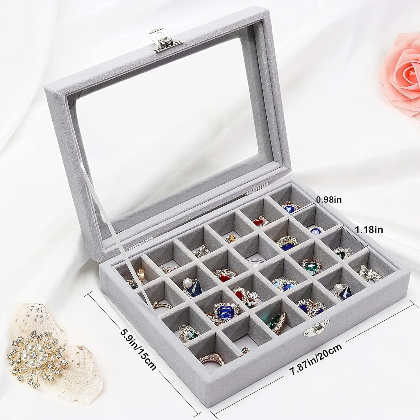 12/24-Slot Jewelry Organizer Tray with Clear Lid - Velvet Lined Ring Earring Necklace Storage Box - Travel Jewelry Case for Dresser, Countertop