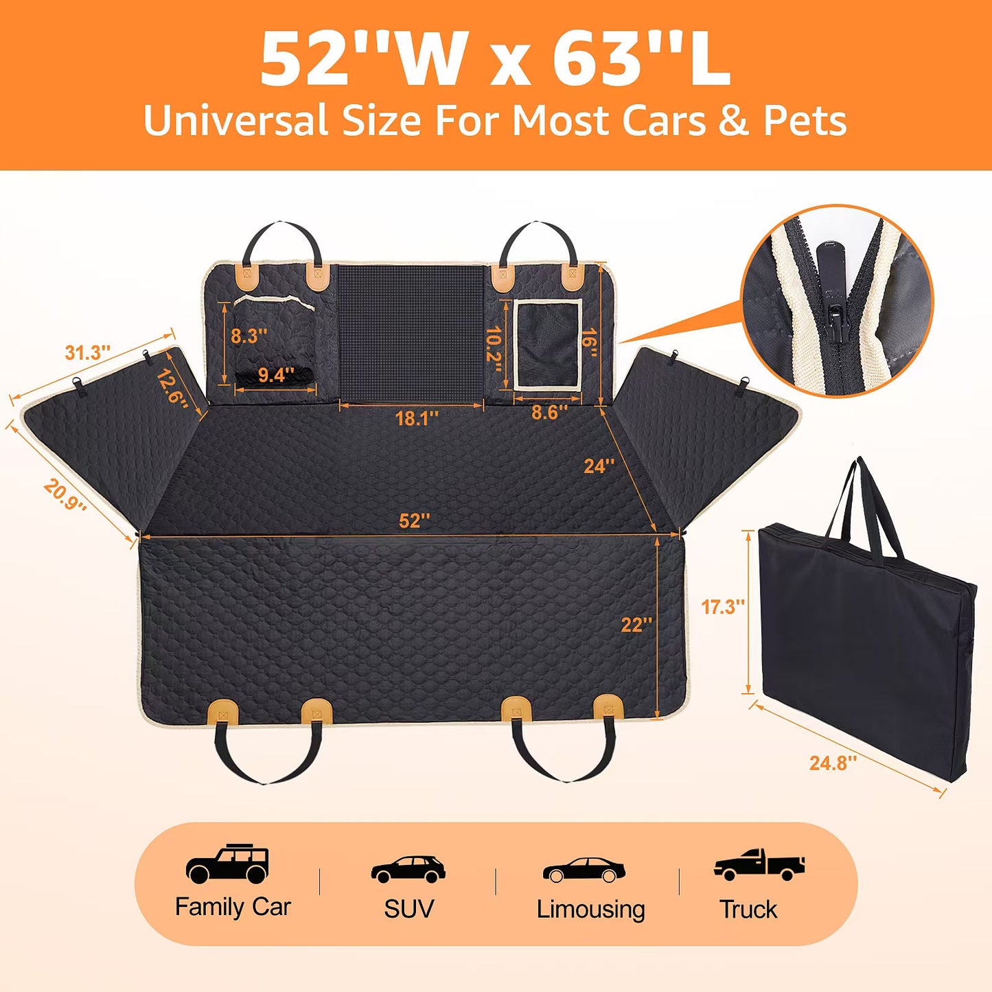 Hard Bottom Car Seat Cover for Dogs: Back Seat Extender for Dogs, Dog Seat Cover for Back Seat with Mesh Window and Storage Pocket