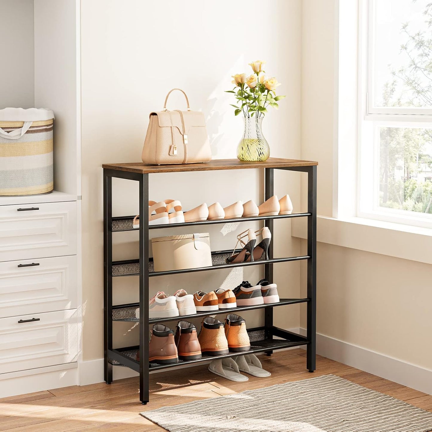 5-Tier Shoe Storage Unit Flat & Slant Adjustable Shoe Organizer Shelf for 16 Pairs, Durable and Stable, for Entryway, Hallway, Closet, Dorm Room, Industrial