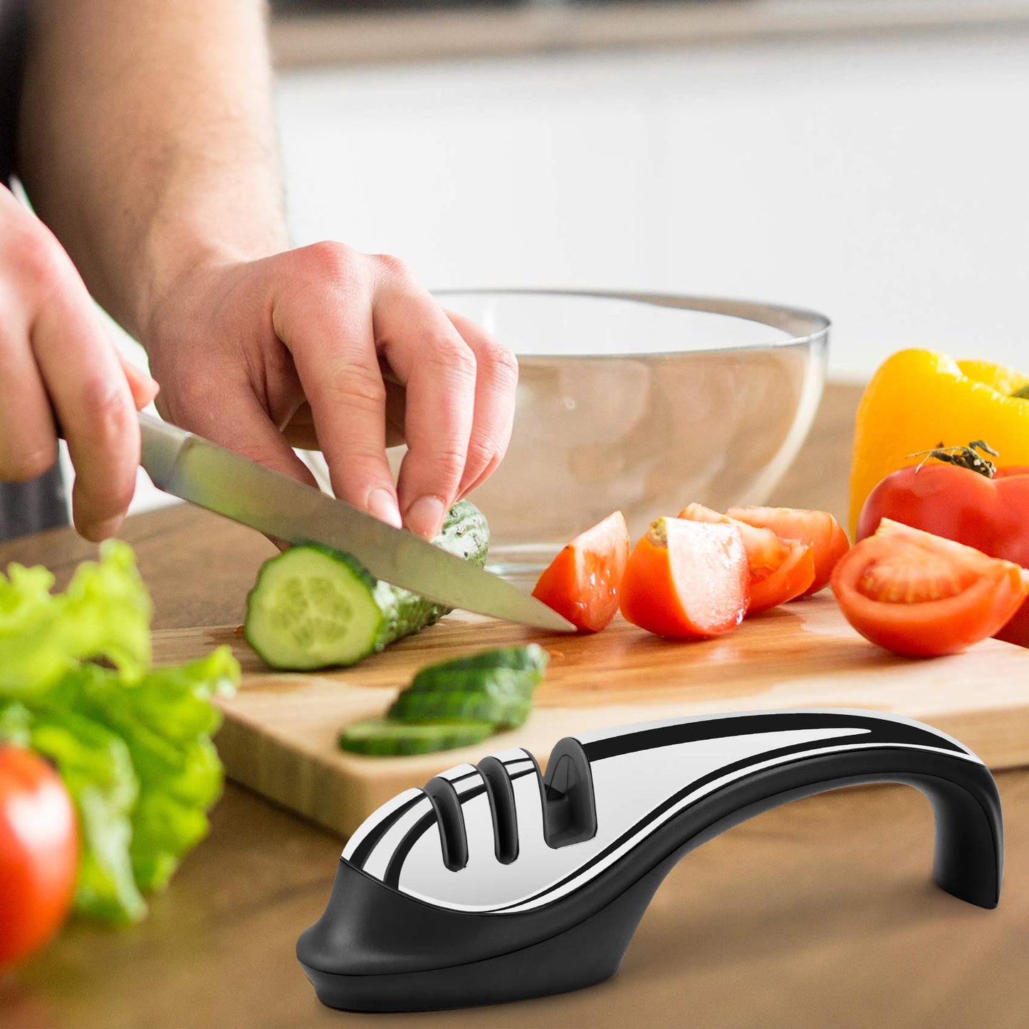 3-in-1 Kitchen Knife Accessories，3-Stage Knife Sharpener Helps Repair, Restore and Polish Blades and Cut-Resistant Glove