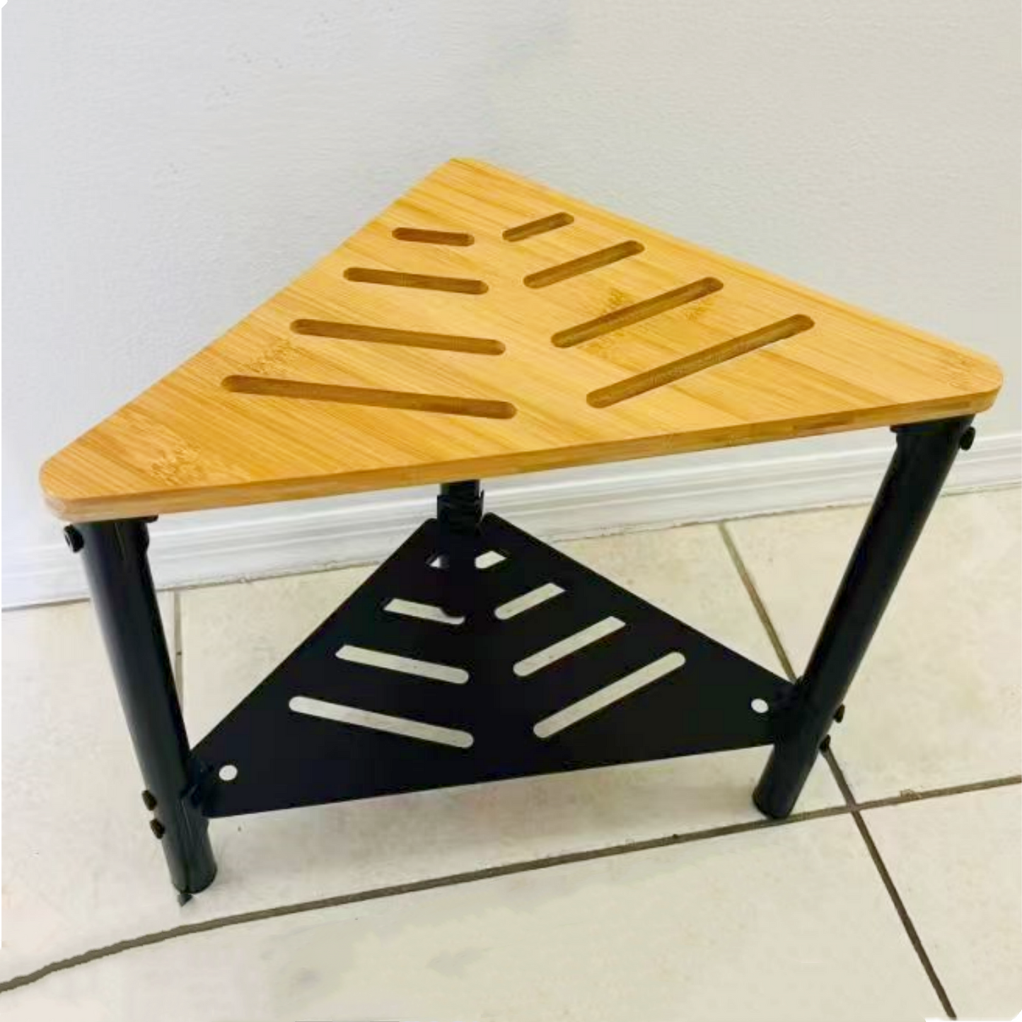 Bamboo Corner Shower Stool for Inside Shower Waterproof,Shower Bench for Shaving Legs,Shower Foot Rest with Storage Shelf,Shower Foot Stool for Small Spaces,Bath Seat