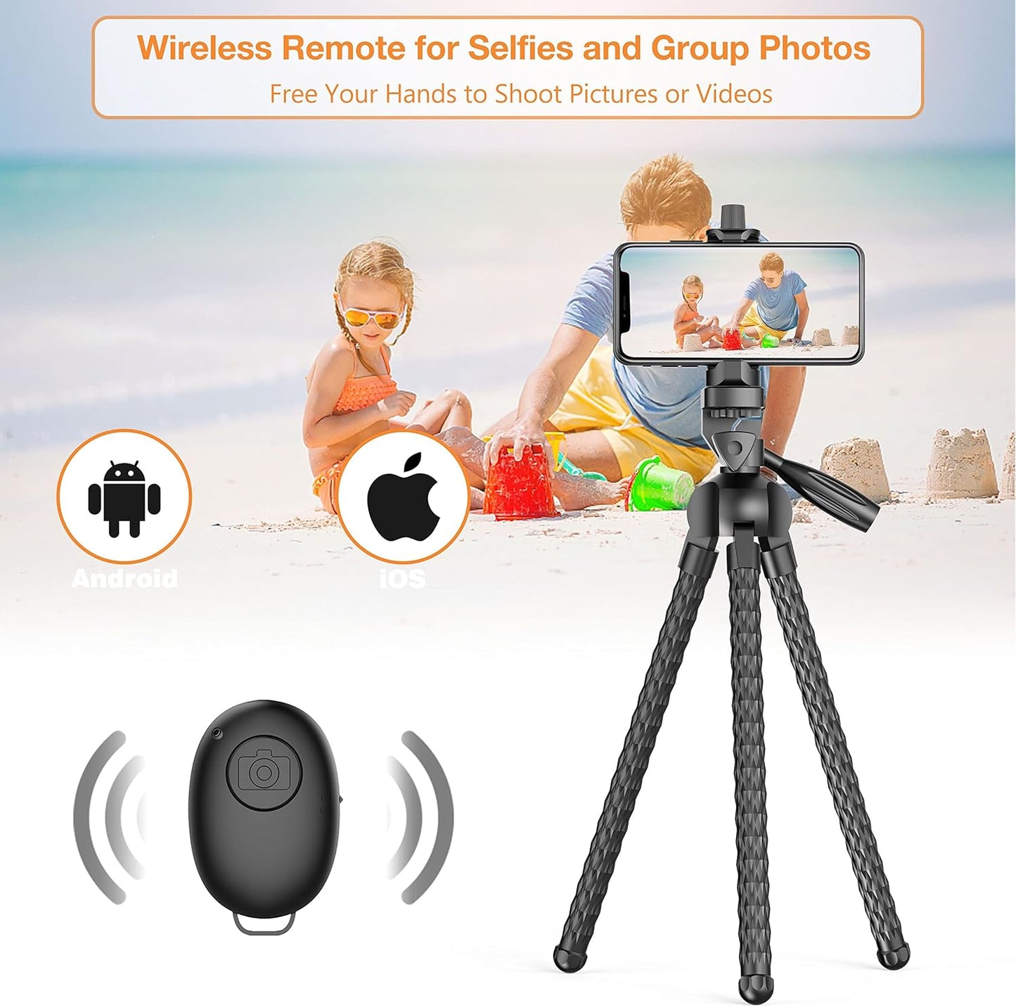 Flexible Phone Tripod Stand with Wireless Remote Portable Adjustable Camera Tripod for SmartPhone/Sports Camera