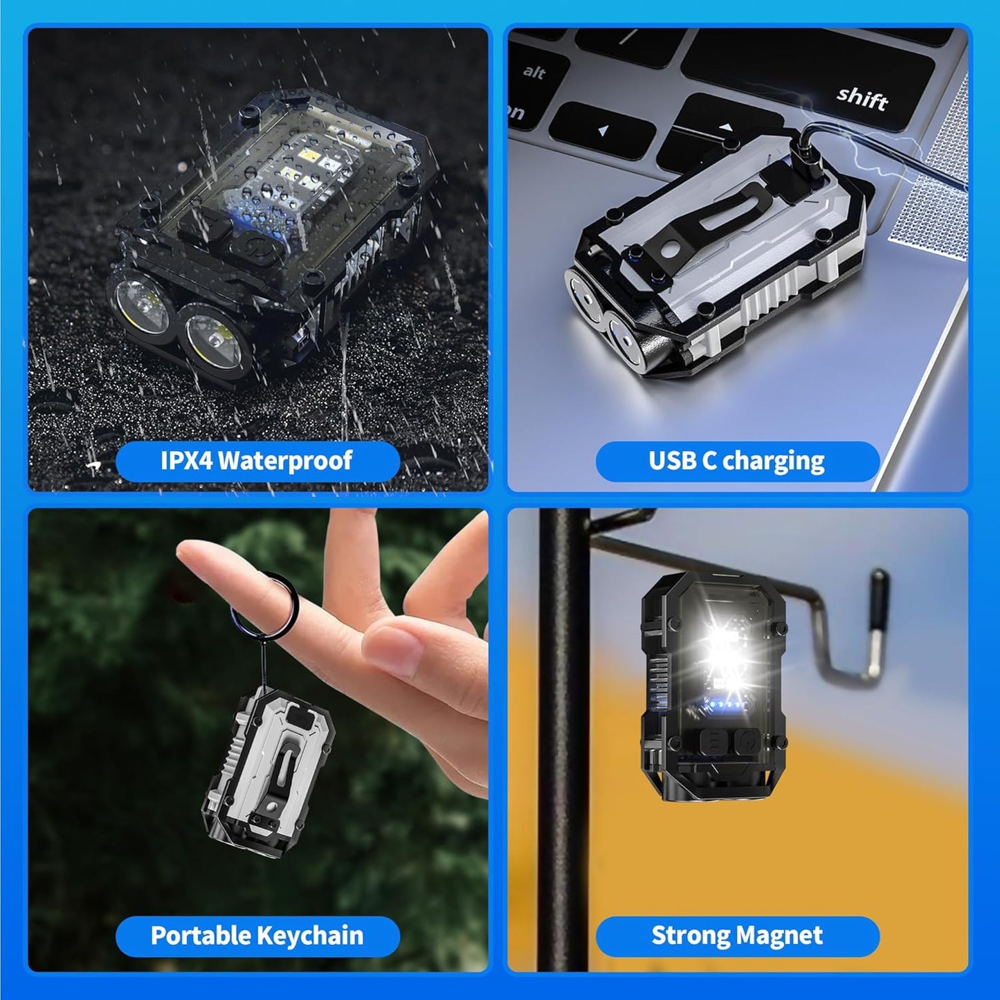 Mini Keychain Flashlight with Clip, LED Magnetic EDC Key Chain Light for Mechanics with COB Sidelight, USB C Rechargeable Small Multi-Use Waterproof Light for Work Car Repair Emergency