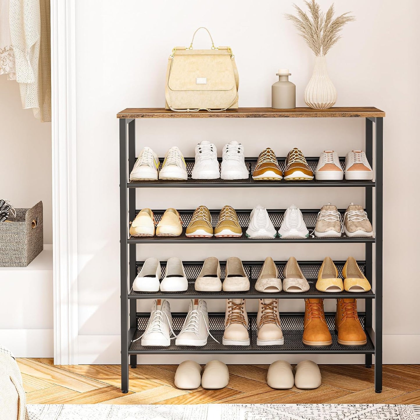 5-Tier Shoe Storage Unit Flat & Slant Adjustable Shoe Organizer Shelf for 16 Pairs, Durable and Stable, for Entryway, Hallway, Closet, Dorm Room, Industrial
